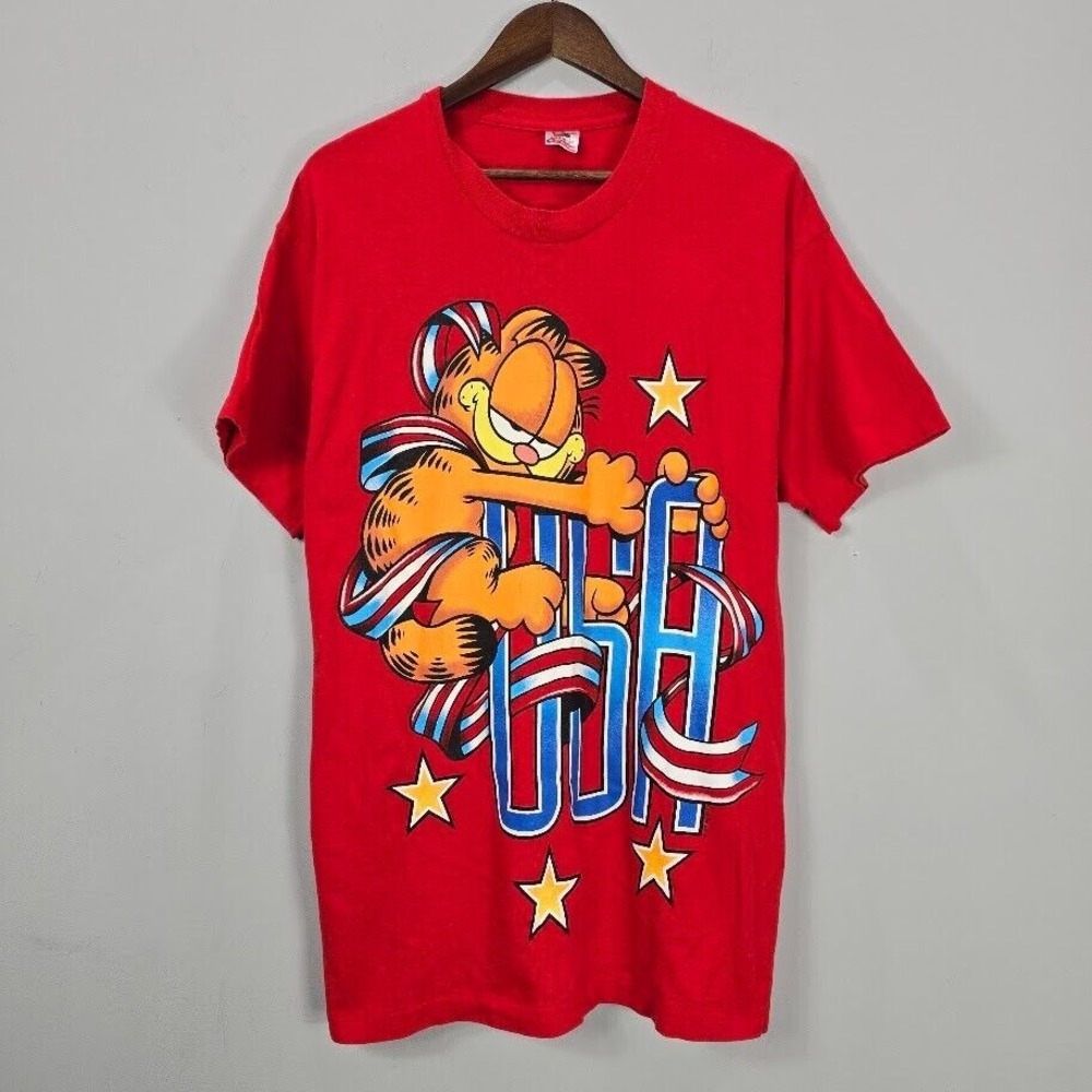 Vtg Garfield TShirt‎ Tee XL Red Single Stitch Patriotic USA American Stars